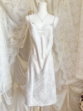 Marks & Spencer White and Silver Satin Slip Dress Minimal Bridal Coquette Midi